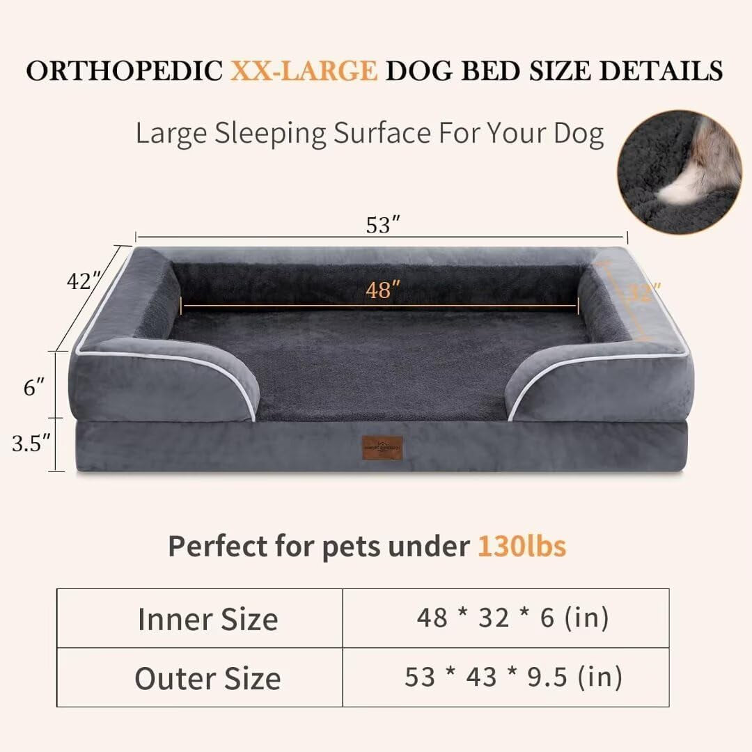 Waterproof Orthopedic Foam Dog Beds, XXL Orthopedic Dog Bed for Extra Large Dogs, Washable Dog Sofa Bed with Removable Cover & Non-Slip Bottom(Xx-Large,Dark Grey)