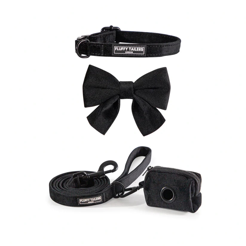 Classic Black Velvet Full Collection - Dog Collar, Bow Tie, Leash and Poop Bag Holder by Fluffy Tailers
