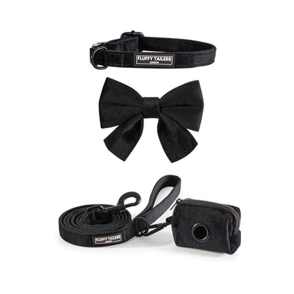 Classic Black Velvet Full Collection - Dog Collar, Bow Tie, Leash and Poop Bag Holder by Fluffy Tailers