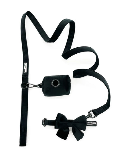 Classic Black Velvet Full Collection - Dog Collar, Bow Tie, Leash and Poop Bag Holder by Fluffy Tailers