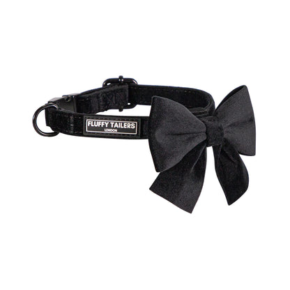 Classic Black Velvet Full Collection - Dog Collar, Bow Tie, Leash and Poop Bag Holder by Fluffy Tailers