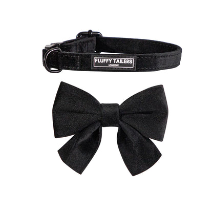 Classic Black Velvet Full Collection - Dog Collar, Bow Tie, Leash and Poop Bag Holder by Fluffy Tailers
