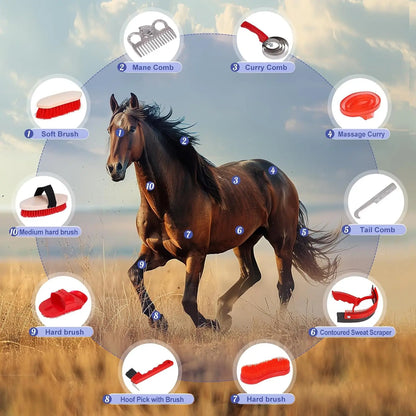 Horse Grooming Kit Horse Brushes for Grooming 10 Pcs Horse Cleaning Tool Set with Tote Bag Brush Supplies Equine Care Supplies