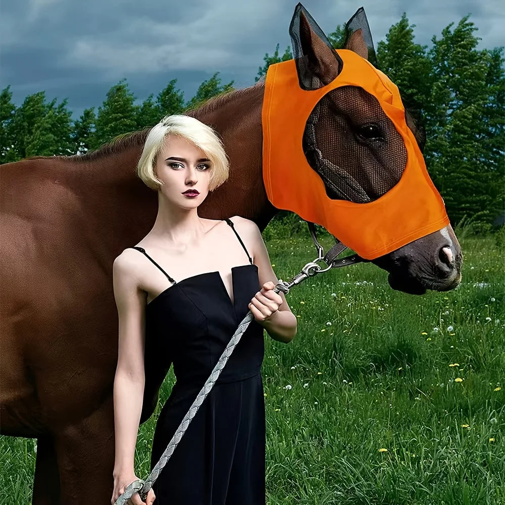 Breathable Horse Face Mask, Comfortable Mesh Horse Fly Mask with Ear Covers, Equestrian Supplies