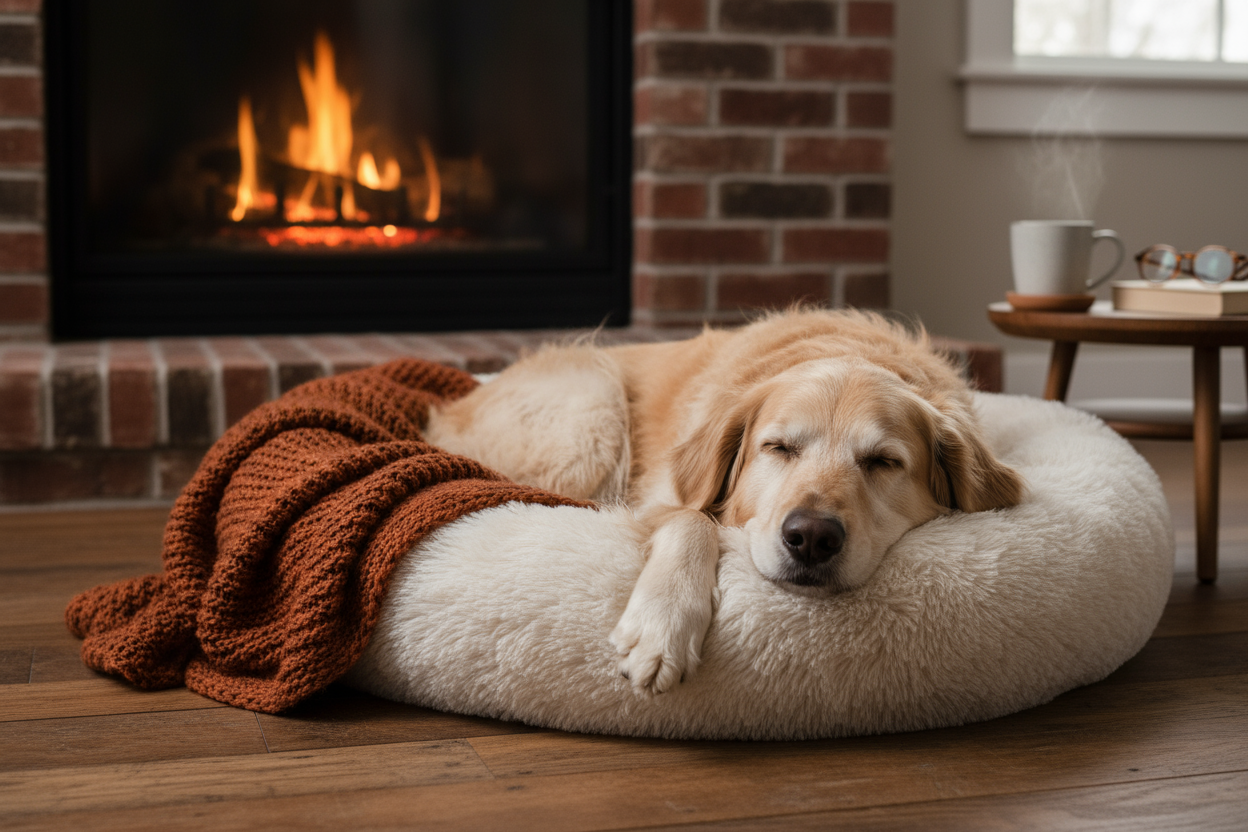 dog laying in a dog bed