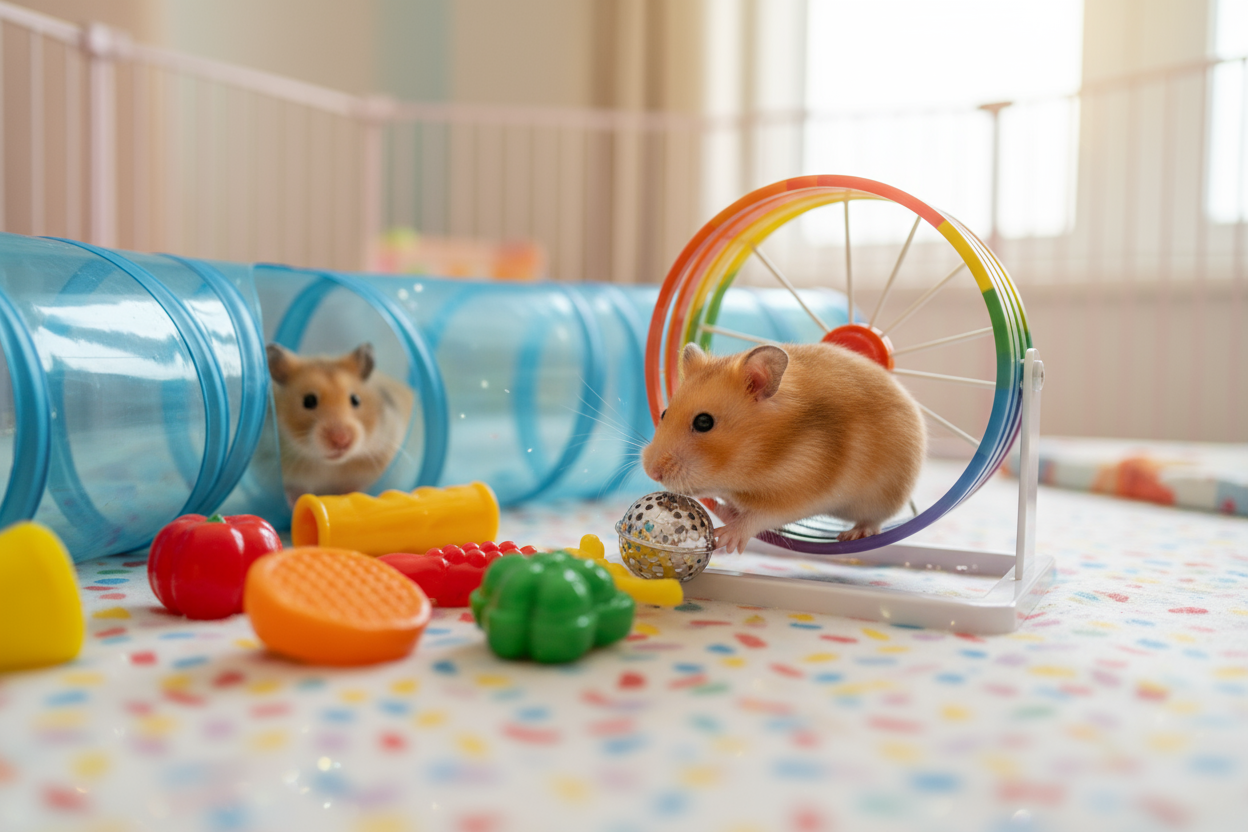 hampter playing with toys